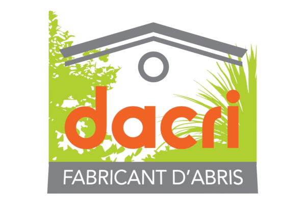 Logo for Dacri — fabricant d'abris, featuring an abstract roof shape, lime green background with plant silhouettes, orange 'dacri' text, and a gray banner reading "FABRICANT D'ABRIS".