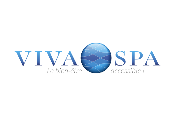 VIVA SPA logo with a blue circular water-wave emblem between the words VIVA and SPA, slogan 'Le bien-être accessible!'